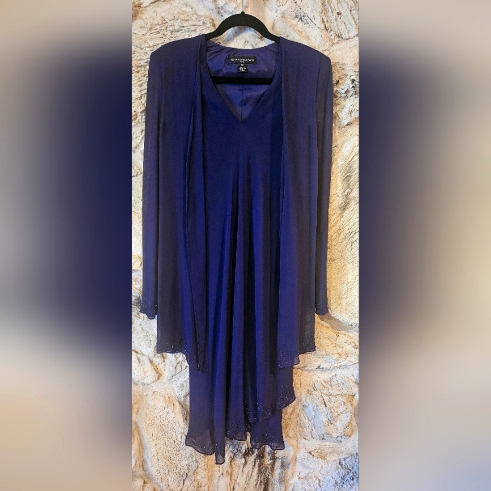 JONES NEW YORK Evening Dress with Matching flowyJacket Size 12 Petite Navy Blue